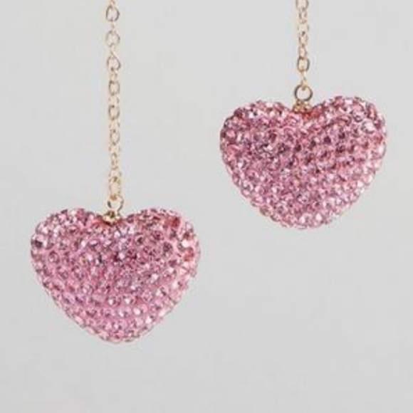 🆕️💖PINK RHINESTONE PAVE HEART LINEAR DROP EARRINGS💖 - Picture 4 of 4